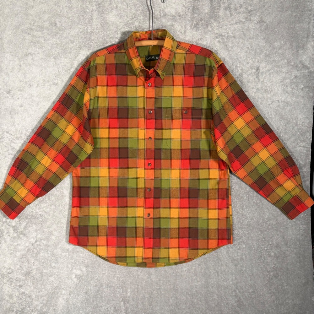 Orvis Mens Cotton Wool Blend Madras Plaid Button Down Shirt Orange Green Large